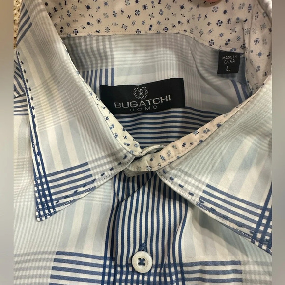 Bugatchi Men’s XL LS Dress Shirt - 100% cotton Blue/White Plaid Pattern - Picture 3 of 8